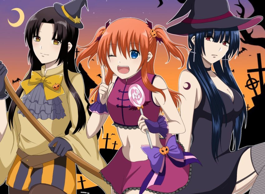 3girls bare_arms black_hair blue_eyes blue_hair blunt_bangs bow breasts brown_eyes candy cleavage crescent_moon d8jbk dress earrings female_focus food gintama halloween_costume hat highres imai_nobume jewelry kagura_(gintama) large_breasts lollipop long_hair midriff mini_hat moon multiple_girls navel one_eye_closed short_twintails sidelocks skirt small_breasts tokugawa_soyo twintails wide_sleeves witch_hat