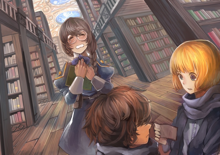 1boy 2girls absurdres belt blonde_hair blue_eyes book braid crying dutch_angle closed_eyes floor freckles glasses highres indoors library lk multiple_girls original puffy_sleeves single_braid