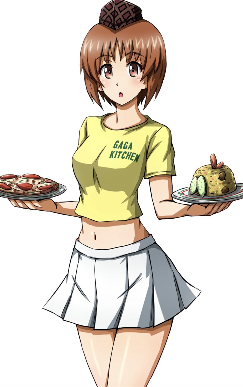 1girl brown_eyes brown_hair brown_hat clothes_writing commentary cowboy_shot food garrison_cap girls_und_panzer hat highres holding holding_tray looking_at_viewer midriff miniskirt navel nishizumi_miho omachi_(slabco) open_mouth pizza pleated_skirt shirt short_hair short_sleeves simple_background skirt solo standing t-shirt tray waitress white_background white_skirt yellow_shirt