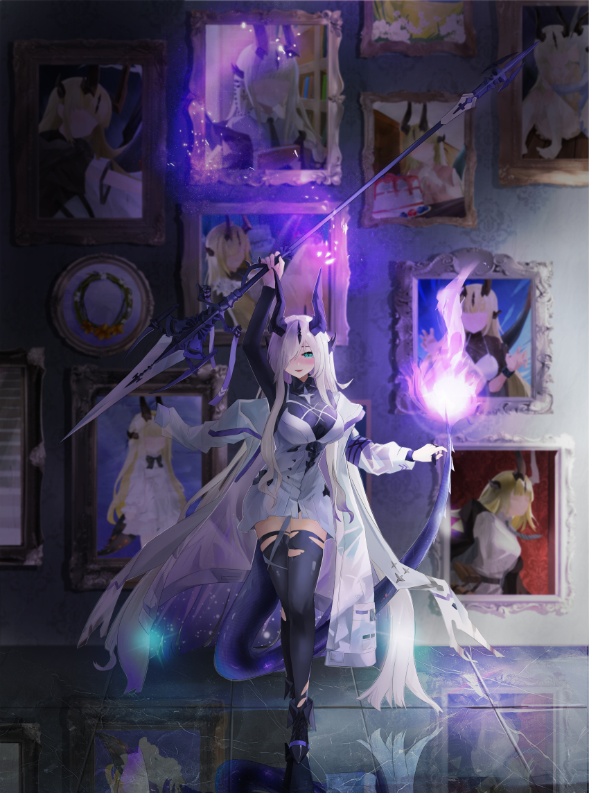 1girl absurdres arknights arm_up black_horns black_shirt black_thighhighs blonde_hair breasts collared_shirt dragon_horns dragon_tail dress fire flame-tipped_tail green_eyes hair_over_one_eye highres holding holding_staff horns jacket large_breasts long_hair long_sleeves looking_at_viewer multiple_horns necrass_(arknights) open_clothes open_jacket parted_lips portrait_(object) purple_fire reed_(arknights) reed_the_flame_shadow_(arknights) reflective_floor shirt solo staff tail thighhighs torn_clothes torn_thighhighs white_dress white_jacket wide_shot yi_ke_bo_he_tang