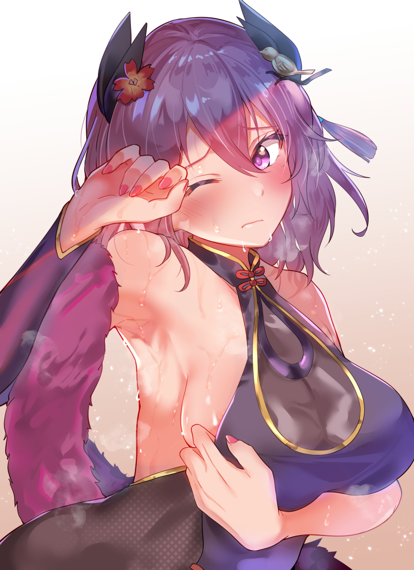 1girl absurdres arito_arayuru armpits azur_lane bare_shoulders blush breasts cleavage_cutout clothing_cutout detached_sleeves fishnets flower hair_between_eyes hair_flower hair_ornament highres horns kirishima_(azur_lane) kirishima_(graceful_ink_incense)_(azur_lane) medium_breasts medium_hair official_alternate_costume pink_nails presenting_armpit purple_eyes purple_hair see-through_clothes sideboob simple_background sleeve_pull solo sweat upper_body