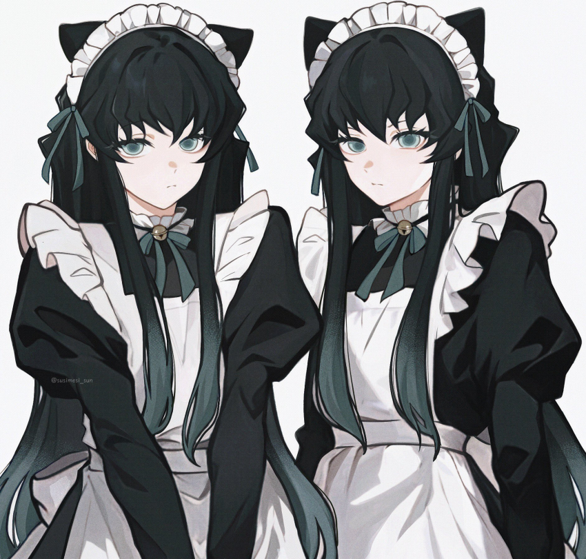 1boy apron aqua_eyes black_hair black_jacket closed_mouth crossdressing crossdressing_(mtf) demon_slayer_uniform high_collar highres jacket juliet_sleeves kimetsu_no_yaiba long_hair long_sidelocks long_sleeves looking_at_viewer maid maid_apron maid_headdress male_focus multiple_views puffy_sleeves sidelocks simple_background solo susimesi_sun tokitou_muichirou trap twitter_username upper_body white_background