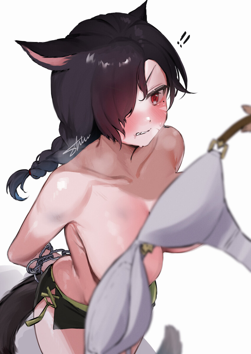 ! !! 1girl animal_ears arms_behind_back black_hair black_shorts blurry blurry_foreground blush braid braided_ponytail breasts cat_ears cat_girl cat_tail chain convenient_censoring defeat facial_mark fang final_fantasy final_fantasy_xiv hair_over_one_eye highres large_breasts long_hair miqo&#039;te red_eyes shhilee shorts skin_fang solo tail topless_female unworn_bikini_top warrior_of_light_(ff14) whisker_markings white_background