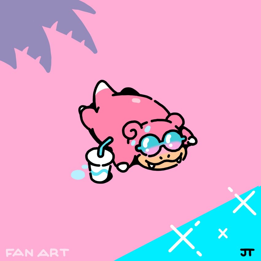 closed_mouth commentary cup day drinking_straw fangs fangs_out gen_1_pokemon highres james_turner lying nintendo no_humans on_stomach outdoors pokemon pokemon_(creature) pokemon_focus shadow shore slowpoke smile solo sunglasses water