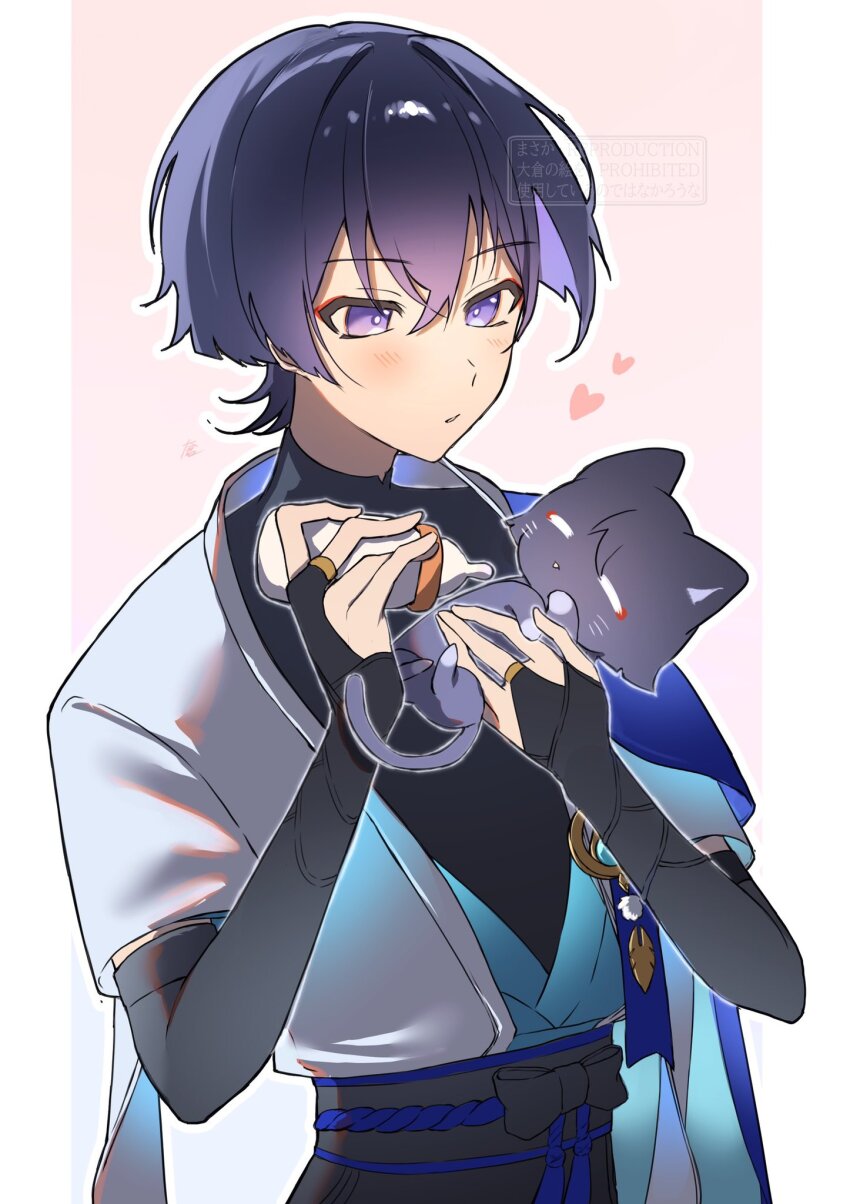 1boy animal armor baby_bottle belt black_belt black_bodysuit black_bow black_bridal_gauntlets black_cat black_shorts blue_gemstone blue_kimono blue_sleeves blunt_ends blush bodysuit border bottle bow bridal_gauntlets bright_pupils cat colored_inner_hair eyeliner eyeshadow feathers furisode gem genshin_impact gold gold_ring hands_up highres holding holding_animal holding_bottle holding_cat japanese_armor japanese_clothes juban kimono kote kurokote layered_sleeves looking_at_animal makeup male_focus mandarin_collar middle_ring multicolored_hair nero_hanken open_clothes open_kimono parted_lips pillarboxed pom_pom_(clothes) purple_eyes purple_hair purple_sash red_eyeliner red_eyeshadow sash scaramouche_(cat)_(genshin_impact) scaramouche_(genshin_impact) short_sleeves shorts solo upper_body vision_(genshin_impact) wanderer_(genshin_impact) watermark white_border white_kimono white_mouth white_pupils white_sleeves yellow_feathers