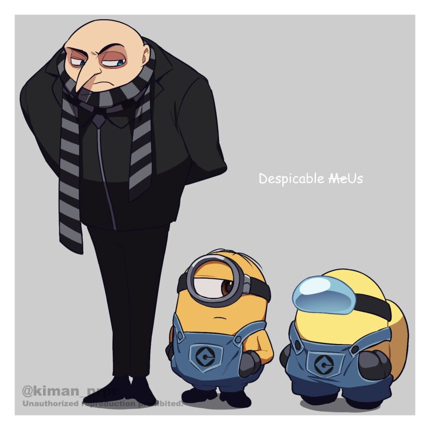 1other 2boys among_us bald black_jacket blue_eyes blue_overalls crossover despicable_me grey_background gru_(despicable_me) highres jacket kiman looking_at_another looking_to_the_side male_focus minion_(despicable_me) multiple_boys overalls pointy_nose scarf striped_clothes striped_scarf stuart_(despicable_me) twitter_username watermark yellow_(among_us)