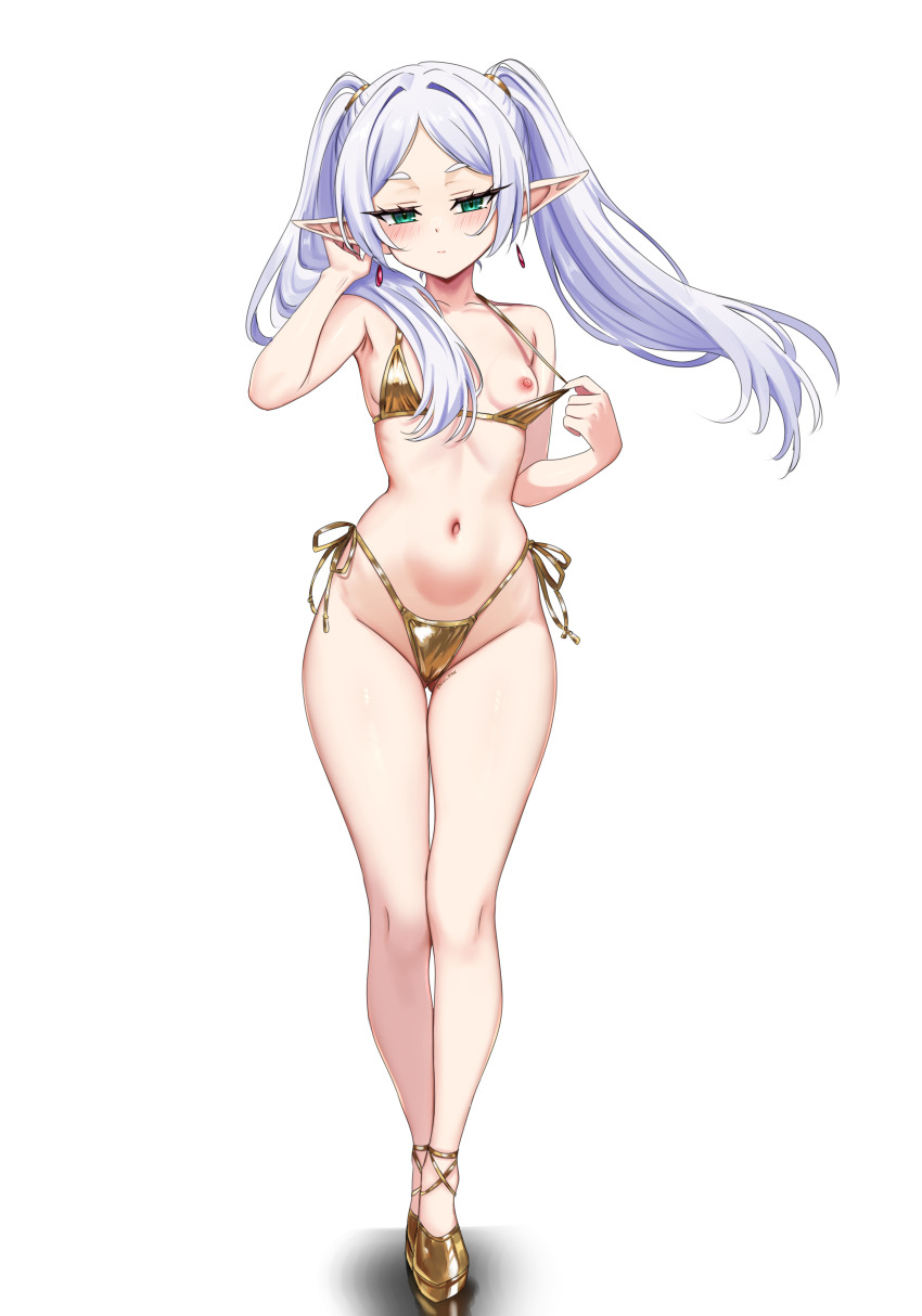 1girl absurdres armpits bikini bikini_top_lift blush breasts closed_mouth clothes_lift earrings elf frieren full_body gold_bikini gold_shoes green_eyes hair_tie highleg highleg_bikini highres jewelry kiari_art long_hair looking_at_viewer navel nipples pointy_ears shadow shoes simple_background small_breasts solo sousou_no_frieren stomach swimsuit twintails white_background white_hair