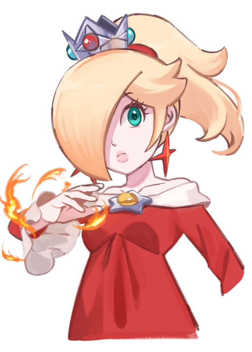 1girl alternate_color alternate_hairstyle aqua_eyes blonde_hair breasts brooch collarbone crown dress earrings fire fire_rosalina hair_over_one_eye highres jewelry long_sleeves mario_(series) medium_breasts nintendo off-shoulder_dress off_shoulder official_alternate_costume red_dress rosalina sasaki_sakiko solo star_(symbol) star_brooch star_earrings super_mario_3d_world