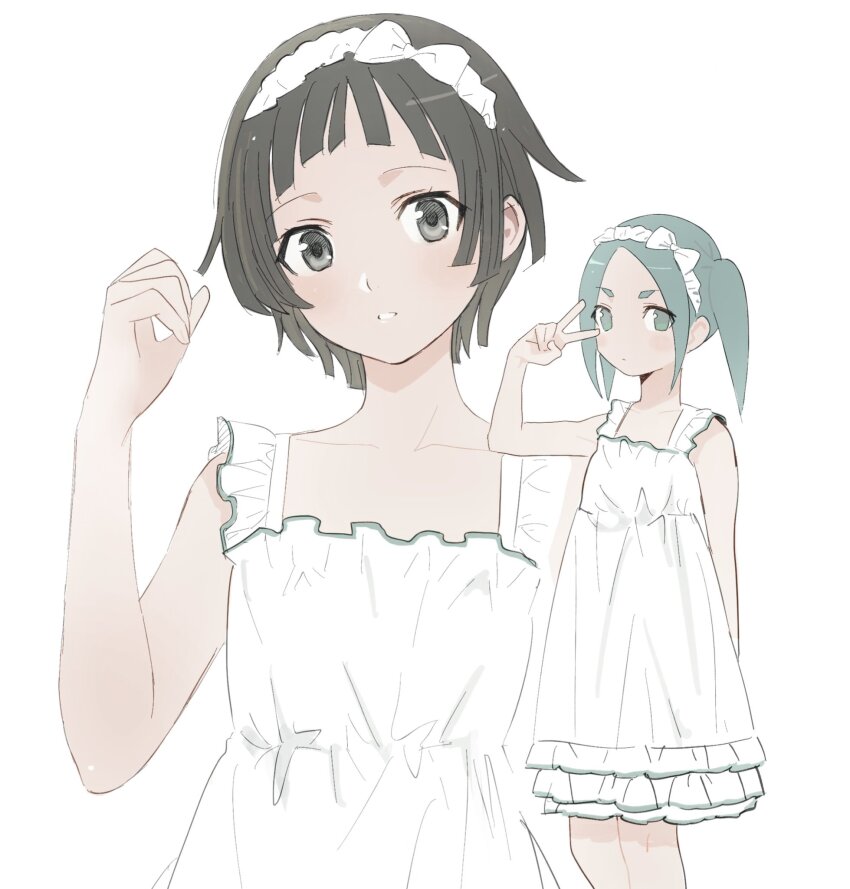 2girls aqua_eyes aqua_hair brown_hair closed_mouth dress frilled_dress frills frs2 hand_up highres kishimen_hair looking_at_viewer monogatari_(series) multiple_girls nademonogatari ononoki_yotsugi sengoku_nadeko short_hair sleeveless sleeveless_dress twintails v white_dress