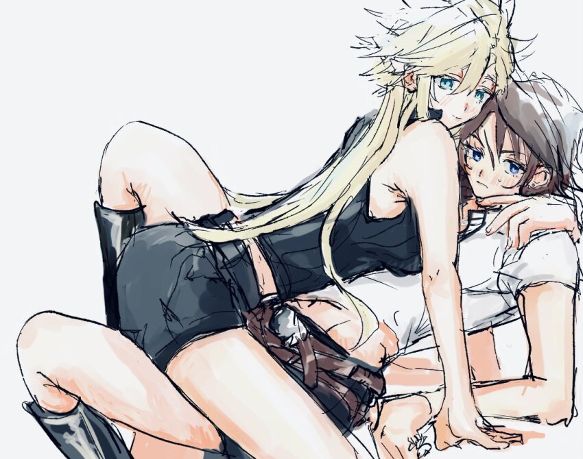 2girls adapted_costume all_fours arm_around_neck belt black_footwear black_pants black_shorts black_vest blonde_hair blue_eyes blush boots brown_hair cloud_strife earrings elbow_rest final_fantasy final_fantasy_vii final_fantasy_viii genderswap genderswap_(mtf) grey_background jewelry knee_boots knees_up leaning_back leg_between_thighs light_smile looking_at_viewer looking_back midriff_peek mullet multiple_belts multiple_girls no_gloves pants pinned scar scar_on_face shen_0012 shirt short_hair short_shorts shorts squall_leonhart straddling stud_earrings sweatdrop t-shirt thigh_straddling v-neck vest vietnamese_commentary white_shirt yuri