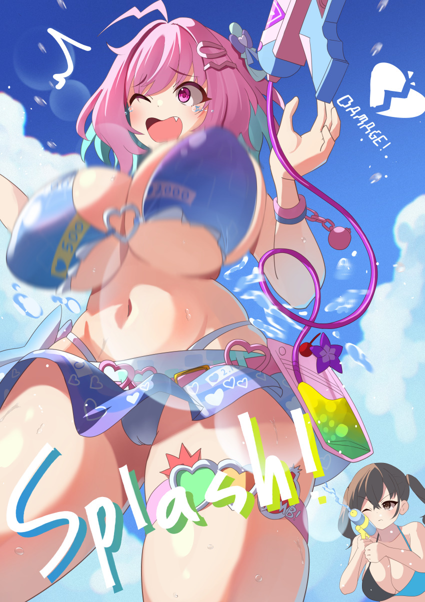 2girls ^^^ absurdres ahoge aqua_hair bare_shoulders bikini black_bikini blue_bikini blue_bow blue_skirt blue_sky blush bouncing_breasts bow breasts broken_heart brown_eyes brown_hair cameltoe closed_mouth cloud cloudy_sky colored_inner_hair commission day fang hair_between_eyes hair_bow heart heart_o-ring highres holding holding_water_gun huge_breasts idolmaster idolmaster_cinderella_girls idolmaster_cinderella_girls_starlight_stage long_hair medium_hair motion_blur multicolored_bikini multicolored_hair multiple_girls navel o-ring o-ring_bikini o-ring_thigh_strap one_eye_closed open_mouth outdoors pink_eyes pink_hair pixiv_commission print_bikini satoyama_meu skin_fang skirt sky solo_focus stomach sunazuka_akira swimsuit tearing_up tears thigh_strap thighs twintails two-tone_bikini two-tone_hair water_gun yumemi_riamu