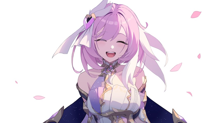 absurdres bare_shoulders breasts chinese_commentary collarbone commentary_request corset elysia_(herrscher_of_human:_ego)_(honkai_impact) elysia_(honkai_impact) falling_petals fled highres honkai_(series) honkai_impact_3rd large_breasts looking_at_viewer open_mouth petals pink_hair short_hair simple_background smile teeth triquetra upper_body upper_teeth_only white_background white_corset