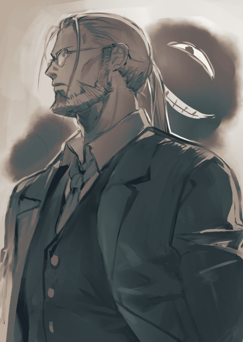1boy beard closed_mouth collared_shirt evil_grin evil_smile facial_hair fullmetal_alchemist glasses greyscale grin highres jacket kurohal male_focus mature_male monochrome necktie open_clothes open_jacket ponytail shirt simple_background smile solo upper_body van_hohenheim vest