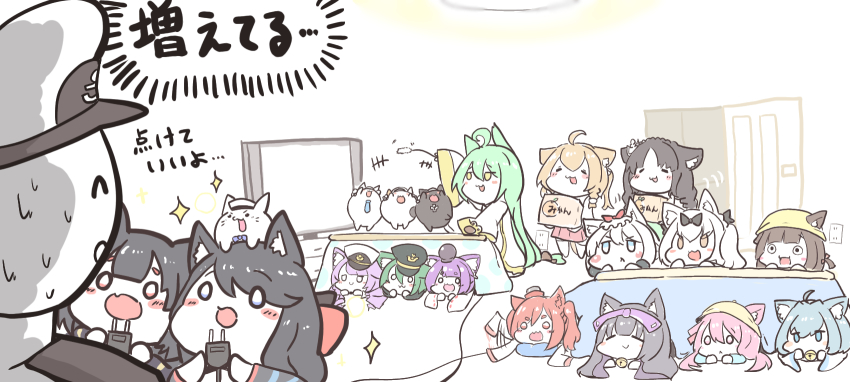1boy 6+girls :3 akashi_(azur_lane) animal animal_ear_fluff animal_ears animal_on_head arashio_(azur_lane) asashio_(azur_lane) azur_lane bell bishamaru_(azur_lane) black_bow black_hair black_headwear blue_bow blue_hair bow box braid brown_hair cat cat_ears cat_on_head chibi closed_eyes cross ears_through_headwear electric_plug fusou_(azur_lane) green_hair hair_bow hammann_(azur_lane) hat highres himajin_(fd_jin) holding holding_box i-19_(azur_lane) indoors iron_cross kisaragi_(azur_lane) kotatsu lime_(azur_lane) long_hair long_sleeves meowfficer_(azur_lane) michishio_(azur_lane) military_hat miniskirt multiple_girls mutsuki_(azur_lane) on_head ooshio_(azur_lane) open_mouth peaked_cap pink_hair purple_hair red_bow red_eyes red_hair red_skirt skirt smile steel_(azur_lane) table tears twin_braids under_kotatsu under_table very_long_hair white_hair white_headwear yamashiro_(azur_lane) yellow_eyes yellow_headwear yukikaze_(azur_lane)