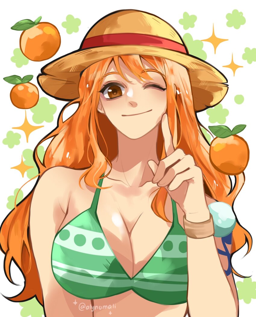 1girl alynomali bare_shoulders bikini bikini_top_only bracelet breasts brown_eyes cleavage closed_mouth collarbone commentary food fruit green_bikini hat highres index_finger_raised jewelry large_breasts log_pose long_hair looking_at_viewer mandarin_orange nami_(one_piece) nami_(one_piece)_(return_to_sabaody) one_eye_closed one_piece orange_hair shoulder_tattoo smile solo sparkle straw_hat striped_bikini striped_clothes swimsuit symbol-only_commentary tattoo twitter_username upper_body wavy_hair