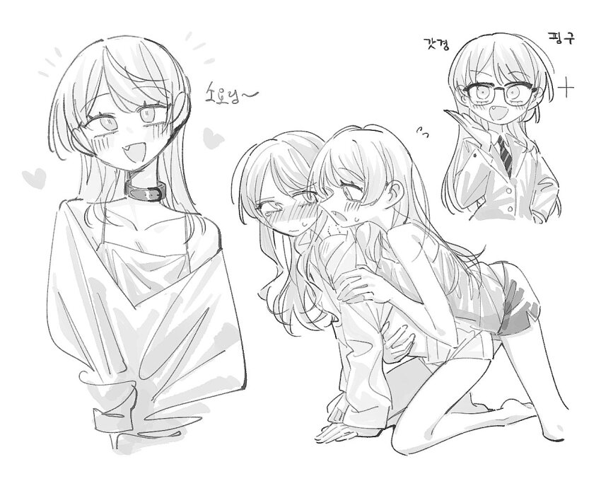 bang_dream! bang_dream!_it&#039;s_mygo!!!!! chihaya_anon collar commentary diagonal-striped_clothes diagonal-striped_necktie fang greyscale haneoka_school_uniform heart hug hug_from_behind jacket kneeling korean_text long_hair monochrome nagasaki_soyo necktie neonfloyd off_shoulder open_mouth school_uniform shirt shorts simple_background striped_clothes translation_request white_background yuri
