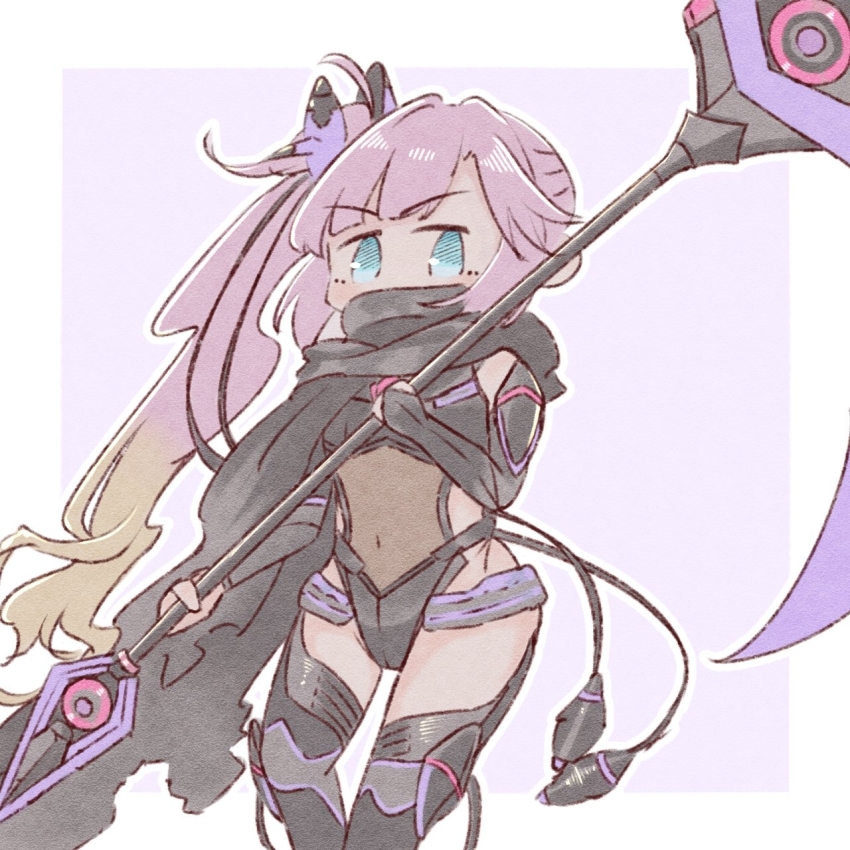 1girl ahoge amano_tatsu anyoji_hime black_boots black_cape black_leotard blonde_hair blue_eyes blunt_bangs boots border cape commentary cosplay covered_mouth deformed feet_out_of_frame gradient_hair hair_intakes headpiece highres holding holding_scythe holding_weapon leotard link!_like!_love_live! long_hair love_live! multicolored_hair navel official_alternate_costume ongeki outside_border pink_hair purple_background scythe see-through_clothes see-through_leotard side_ponytail sidelocks simple_background solo swept_bangs takase_rio takase_rio_(cosplay) thigh_boots torn_cape torn_clothes very_long_hair virtual_youtuber weapon white_border