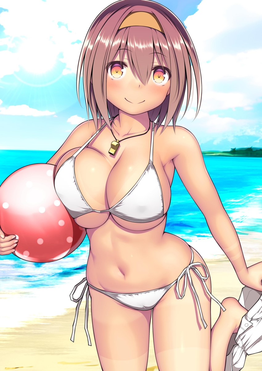 1girl absurdres ball barefoot beach beachball bikini bikini_tan blue_sky blush breasts brown_hair closed_mouth clothes_pull cloud day hair_between_eyes hairband highres holding holding_ball holding_beachball kantai_collection kuromayu large_breasts ocean orange_hairband outdoors shiratsuyu_(kancolle) short_hair shorts shorts_pull side-tie_bikini_bottom sky smile solo swimsuit tan tanline water whistle whistle_around_neck white_bikini white_shorts