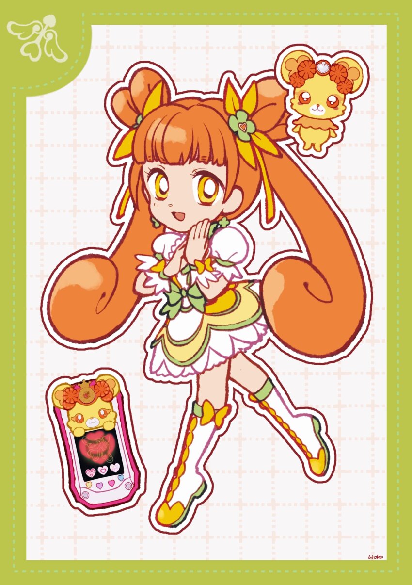 1girl blunt_bangs boots border bow bow-shaped_hair brown_hair cellphone clover_earrings cure_rosetta curly_hair deformed dokidoki!_precure dot_nose dotted_line double_bun dress eyelashes flower footwear_bow four-leaf_clover_earrings frilled_dress frilled_sleeves frills full_body green_border green_bow green_flower grid_background hair_bow hair_bun hair_flower hair_ornament hair_ribbon hand_on_own_hip happy highres knee_boots long_hair magical_girl open_mouth outline own_hands_together petticoat phone precure puffy_short_sleeves puffy_sleeves rance_(dokidoki!_precure) ribbon short_dress short_sleeves signature smartphone smile tareme twintails uwded_207 very_long_hair waist_bow walking white_background white_boots white_outline white_sleeves white_wrist_cuffs wrist_bow wrist_cuffs yellow_bow yellow_dress yellow_eyes yellow_ribbon yotsuba_alice