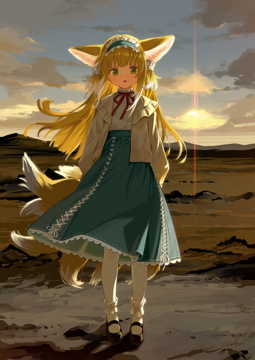 1girl absurdres animal_ears arknights black_shoes blonde_hair blue_hairband blue_skirt cardigan chinese_commentary colored_tips commentary_request fox_ears fox_girl fox_tail frilled_hairband frills full_body green_eyes hairband high-waist_skirt highres kitsune kyuubi long_hair long_sleeves looking_at_viewer mary_janes multicolored_hair multiple_tails neck_ribbon official_alternate_costume open_mouth outdoors pantyhose puffy_long_sleeves puffy_sleeves red_ribbon ribbon shirt shoes skirt solo standing straight-on suzuran_(arknights) suzuran_(spring_praise)_(arknights) tail welt_(kinsei_koutenkyoku) white_hair white_pantyhose white_shirt yellow_cardigan