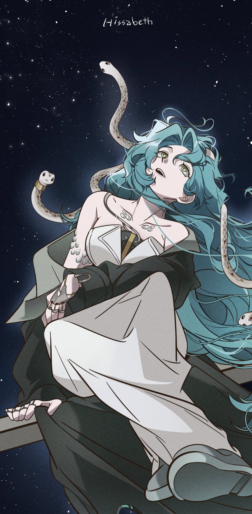 1girl absurdres bare_shoulders black_coat blue_hair character_name coat dress full_body green_eyes grey_shoes highres hissabeth long_dress long_hair looking_up off_shoulder open_clothes open_coat open_mouth red_pupils reverse:1999 shoes sitting sky snake snake_on_head solo star_(sky) starry_sky strapless strapless_dress teeth unhyang upper_teeth_only very_long_hair white_dress
