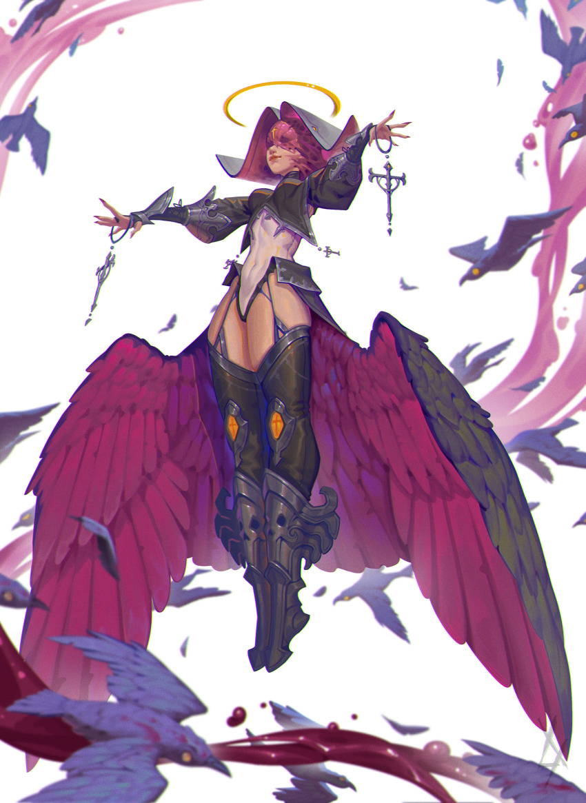1girl absurdres armored_boots bad_link bird black_boots black_wings boots bridal_gauntlets claws coif covered_eyes cross feathered_wings flesh floating full_body garter_straps gauntlets gloves habit halo highres legs leotard levitation long_sleeves low_wings nail_(hardware) narrow_waist navel nun original outstretched_arms puffy_sleeves purple_wings skindentation solo thick_thighs thigh_boots thighs two-tone_feathers two-tone_wings veil white_background white_leotard wings xhark_art yellow_halo