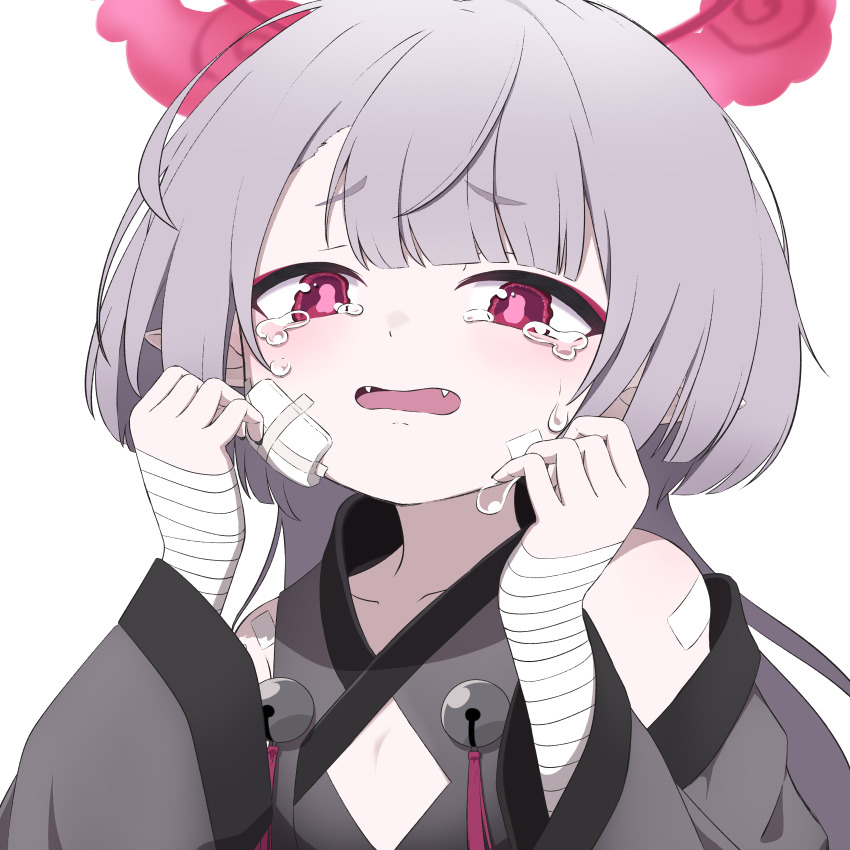 1girl absurdres bandaged_arm bandages bare_shoulders bell blue_archive blush clothing_cutout collarbone detached_sleeves fang gauze gauze_on_cheek grey_hair grey_sleeves halo highres jingle_bell long_hair master_m_489 open_mouth red_eyes red_halo shuro_(blue_archive) solo tearing_up upper_body
