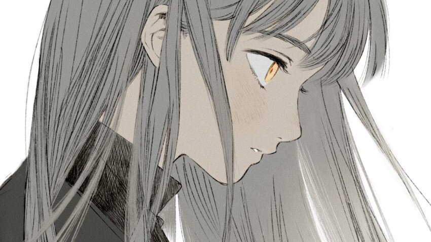 1girl aged_down blush child dungeon_meshi eyelashes falin_touden frs2 grey_hair long_hair looking_ahead orange_eyes parted_lips portrait profile simple_background solo unusually_open_eyes white_background