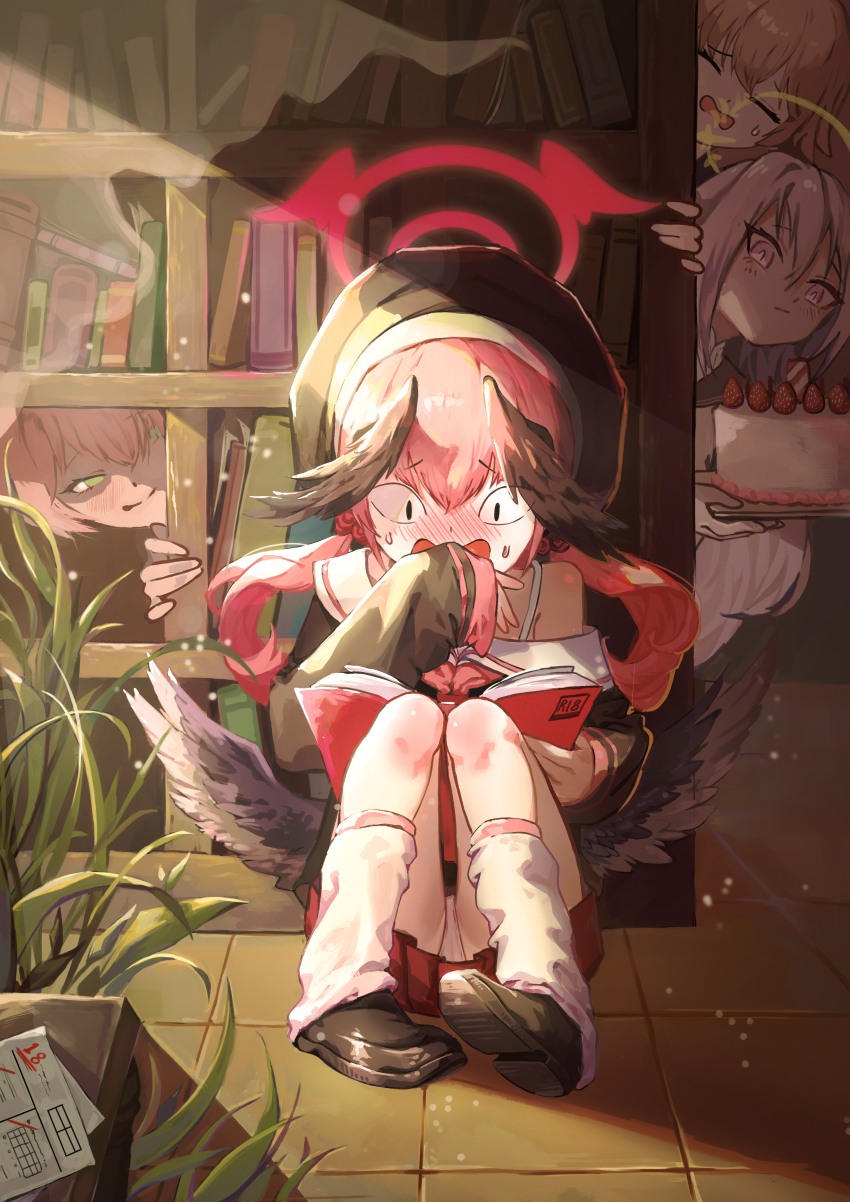 &lt;|&gt;_&lt;|&gt; 4girls absurdres azusa_(blue_archive) birthday_cake black_wings blonde_hair blue_archive blush bookshelf cake closed_eyes feathered_wings food hair_between_eyes halo hanako_(blue_archive) hat head_wings hifumi_(blue_archive) highres koharu_(blue_archive) kongaru_123 long_hair long_sleeves looking_at_another loose_socks low_wings multiple_girls nose_blush open_mouth panties pantyshot pink_hair plant potted_plant purple_eyes reading skirt socks strawberry_cake sweat tsurime twintails underwear white_hair wings yellow_halo