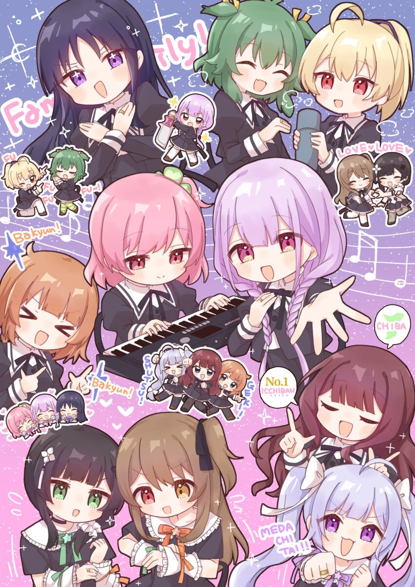 &gt;_&lt; 6+girls :3 :d ;d ^_^ ahoge andou_tazusa antenna_hair arm_cutout arm_up assault_lily beamed_eighth_notes black_capelet black_choker black_hair black_pantyhose black_ribbon black_shirt black_skirt black_thighhighs blonde_hair blue_background blue_ribbon blunt_bangs bow bowtie braid breath brown_hair brown_shoes buttons capelet chibi choker clenched_hands closed_eyes closed_mouth clover_hair_ornament commentary_request cropped_jacket cropped_torso crossed_arms detached_sleeves double_finger_gun eighth_note facing_another fang finger_gun flower flying_sweatdrops four-leaf_clover_hair_ornament frilled_shirt_collar frilled_sleeves frills full_body futagawa_fumi girl_sandwich gradient_background green_bow green_bowtie green_eyes green_thighhighs grey_hair grey_thighhighs hair_flower hair_ornament hair_over_shoulder hair_ribbon hair_scrunchie hand_on_own_arm hand_on_own_chest hand_up hands_on_own_chest hands_up heart heart_arms_trio heart_hands heart_hands_duo heterochromia high-waist_skirt highres hitotsuyanagi_riri hitotsuyanagi_yuri holding holding_sword holding_thermos holding_weapon instrument jewelry juliet_sleeves kaede_johan_nouvel keyboard_(instrument) kuo_shenlin leg_ribbon long_sleeves looking_at_another looking_at_hand looking_at_object looking_at_self looking_at_viewer low_twin_braids low_twintails medium_hair miriam_hildegard_von_gropius motion_lines multiple_girls multiple_views music musical_note musical_staff neck_ribbon official_alternate_costume on_one_knee one_eye_closed one_side_up open_mouth orange_bow orange_bowtie outstretched_arm own_hands_together palms_together pantyhose pink_background pink_eyes pink_hair pink_ribbon playing_instrument pleated_skirt pointing pointing_at_another ponytail puffy_sleeves purple_background purple_bow purple_bowtie purple_eyes purple_hair red_eyes ribbon ring romaji_text sandwiched school_uniform scrunchie shirai_yuyu shirt shoes short_hair short_sleeves sidelocks skin_fang skirt smile sparkle sparkling_eyes speech_bubble spoken_object standing standing_on_one_leg star_(sky) star_(symbol) starry_sky_background sword thermos thigh_ribbon thighhighs translation_request twin_braids twintails two-tone_thighhighs two_side_up v-shaped_eyebrows wang_yujia wavy_hair weapon white_flower white_scrunchie white_thighhighs wristband yellow_eyes yellow_ribbon yellow_thighhighs yoshimura_thi_mai yubari_lemon_(lemonlilie) yurigaoka_girls_academy_school_uniform zettai_ryouiki