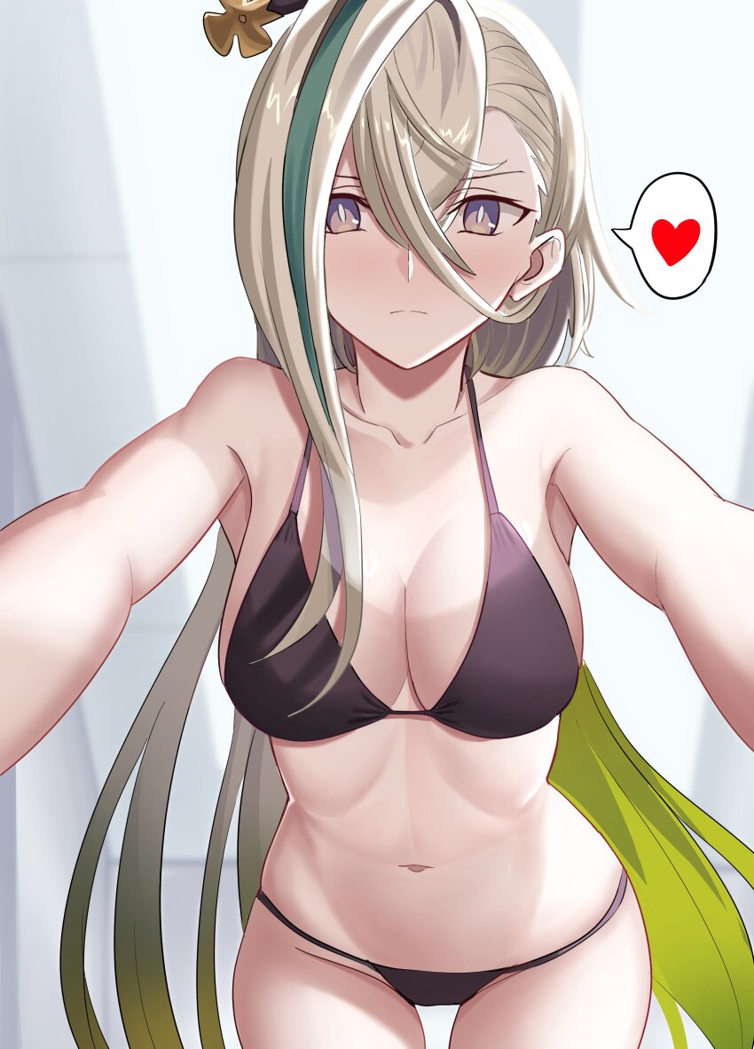 1girl absurdres bare_shoulders blush breasts cleavage fate/grand_order fate_(series) hair_ornament hairpin highres huyan_zhuo_(fate) large_breasts long_hair longdq3008 looking_at_viewer multicolored_hair navel solo streaked_hair