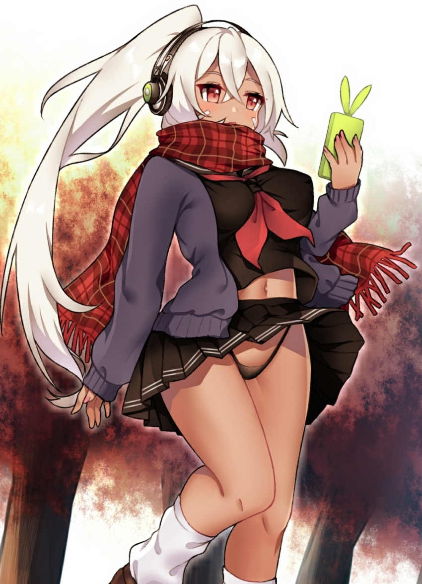 10komorimori 1girl alternate_costume autumn autumn_leaves azur_lane black_panties black_skirt breasts cardigan cellphone clothes_lift commentary_request crossed_bangs dark-skinned_female dark_skin female_focus hair_between_eyes headphones high_ponytail highleg highleg_panties highres holding holding_phone leaf long_hair long_sleeves loose_socks medium_breasts midriff minneapolis_(azur_lane) minneapolis_(wild_huntress_schoolgirl)_(azur_lane) nail_polish navel neck_ribbon neckwear_between_breasts open_cardigan open_clothes open_mouth outdoors panties phone pink_nails plaid_clothes plaid_scarf pleated_skirt ponytail red_eyes red_ribbon ribbon scarf scarf_over_mouth skirt skirt_lift sleeves_past_wrists smartphone socks solo thighs thong tree underwear walking white_hair white_legwear wind wind_lift