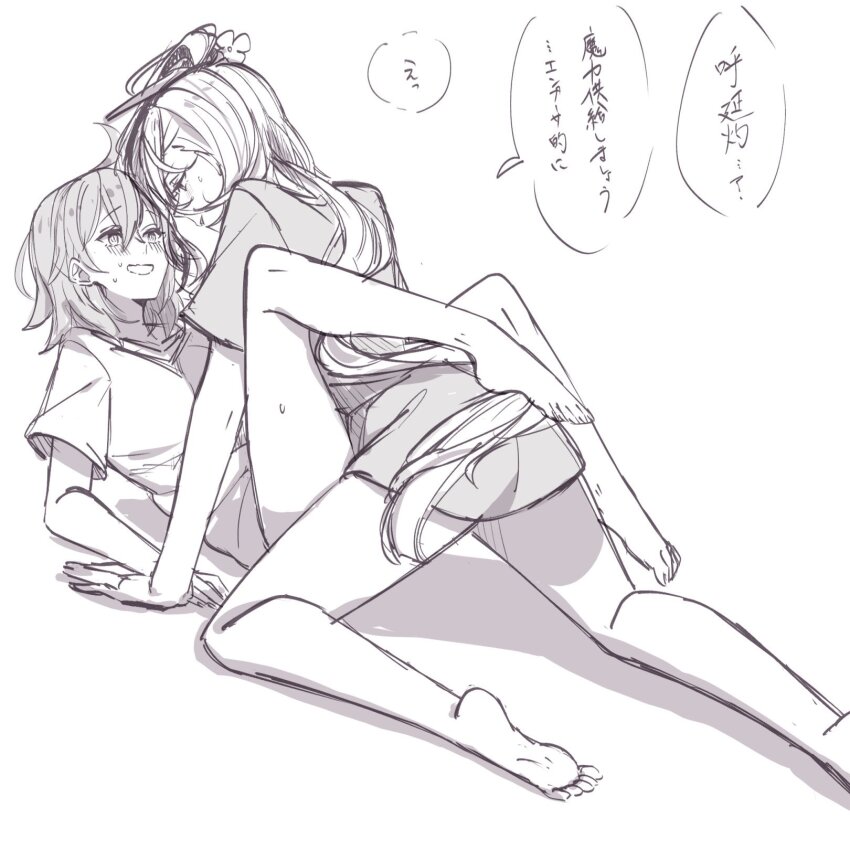 2girls ahoge all_fours barefoot blush commentary_request fate/grand_order fate_(series) flower from_side fujimaru_ritsuka_(female) girl_on_top greyscale hair_flower hair_ornament highres hollomaru huyan_zhuo_(fate) legs_up long_hair low_ponytail lying monochrome multiple_girls no_pants on_back ponytail profile shirt smile sweat t-shirt translation_request wavy_mouth yuri