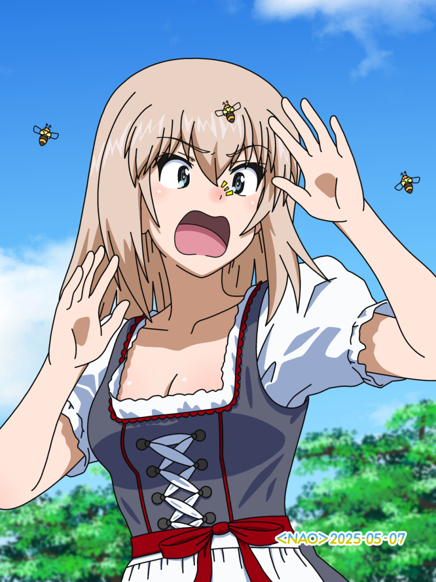 1girl bee blonde_hair blue_eyes blush breasts bug cleavage collarbone dated dirndl german_clothes girls_und_panzer highres insect itsumi_erika long_hair naotosi outdoors signature sky small_breasts solo