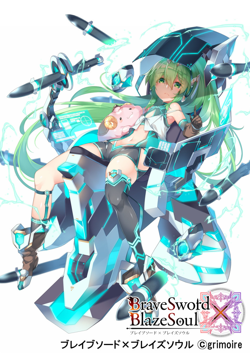 1girl black_gloves black_thighhighs brave_sword_x_blaze_soul center_opening elbow_gloves gloves green_eyes green_hair hair_between_eyes highres kokka_han long_hair looking_at_viewer navel ponytail single_thighhigh solo thighhighs white_background