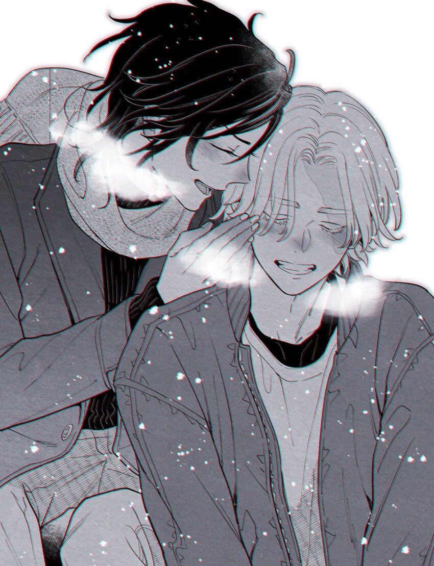 2boys ^_^ a_s_h_e_s black_hair breath burn_scar closed_eyes cowboy_shot greyscale grin highres inui_seishu jacket kokonoi_hajime male_focus monochrome multiple_boys open_mouth pants profile scar scar_on_face scarf shirt short_hair simple_background sitting smile tokyo_revengers
