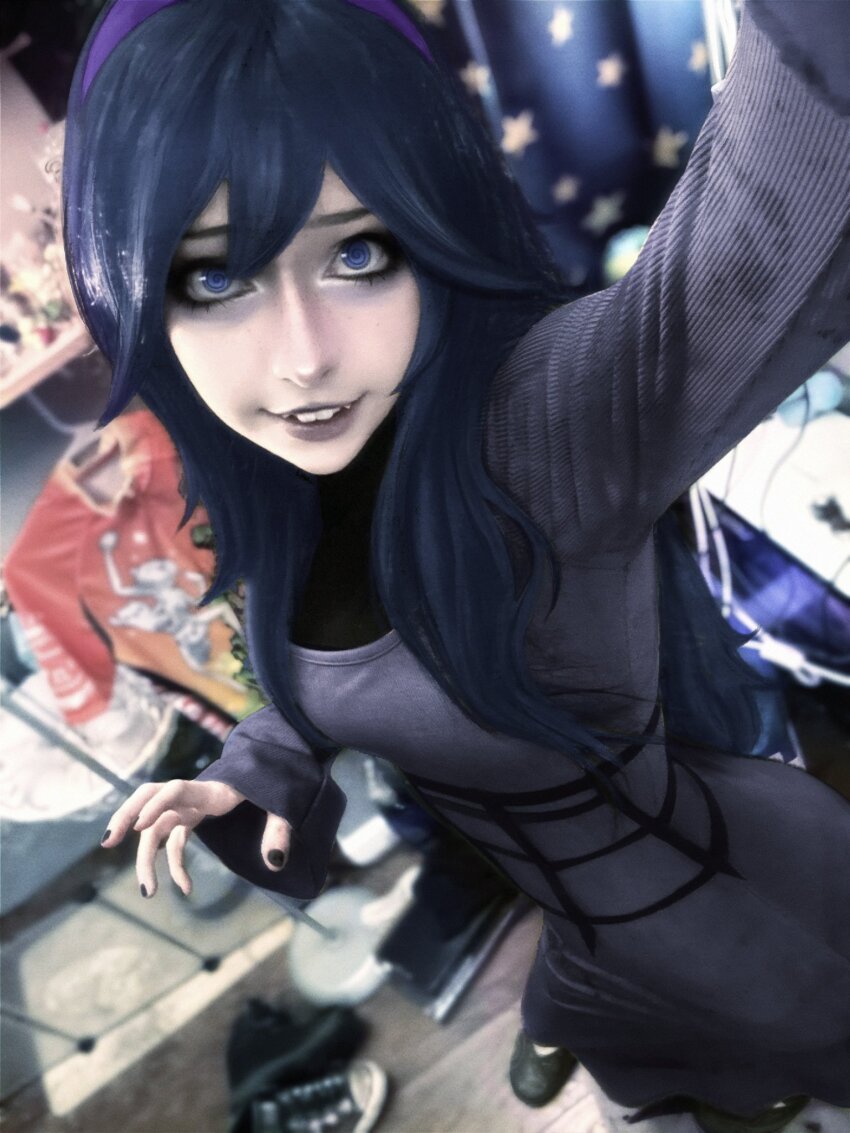 1girl @_@ blurry blurry_background booplesnoot cosplay_photo dress hex_maniac_(pokemon) highres looking_at_viewer photo_(medium) purple_dress real_life selfie