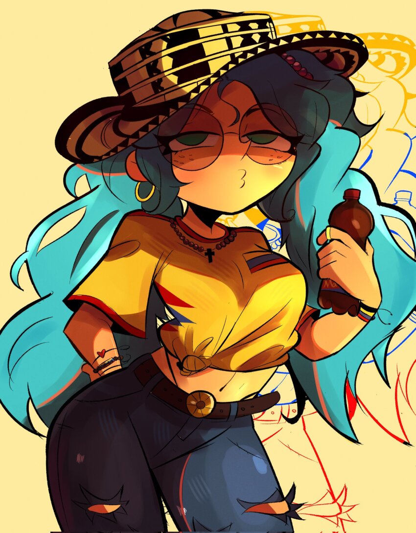 1girl aqua_eyes belt bottle bracelet colombia colombian_clothes colombian_flag colombian_hat colombian_miku colored_eyelashes cross denim earrings freckles half-closed_eyes hat hatsune_miku heart highres holding holding_bottle jeans jewelry low_twintails moody_azz navel o3o pants ring rosary round_eyewear shaded_face shirt simple_background solo sombrero sunglasses tan tied_shirt torn_clothes torn_jeans torn_pants twintails wavy_hair worldwide_miku