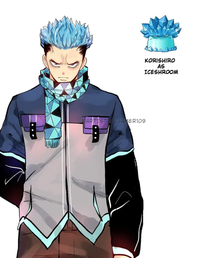1boy angry black_hair black_jacket blue_eyes blue_hair blue_jacket blue_scarf blue_trim brown_pants character_name commentary_request cowboy_shot facing_viewer frown furrowed_brow grey_jacket hand_in_pocket highres humanization ice-shroom_(plants_vs_zombies) jacket light_blue_jacket long_sleeves looking_at_viewer male_focus multicolored_hair multicolored_jacket mushroom no_eyebrows pants personification plants_vs_zombies purple_jacket reka-san scarf short_hair simple_background spiked_hair tagme veins veiny_face white_background