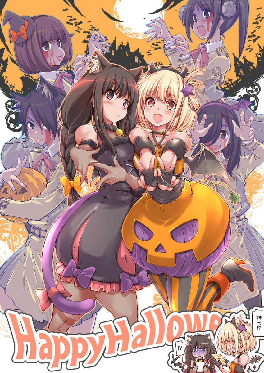 5girls :p animal_ears bat_(animal) bat_wings bell black_eyes black_gloves black_hair black_headwear blonde_hair blood blood_on_face bob_cut bow braid braided_ponytail bubble_skirt cat_ears cat_tail claw_pose closed_mouth commentary cosplay criss-cross_halter demon_horns double_v dress english_text extra fake_horns fang fangs fingerless_gloves frankenstein&#039;s_monster frankenstein&#039;s_monster_(cosplay) full_moon fur-trimmed_dress fur_collar fur_trim gloom_(expression) gloves grey_gloves grey_pantyhose hair_over_one_eye halloween halloween_costume halterneck happy_halloween hat head_wings highres holding holding_paper horns inoue_takina jack-o&#039;-lantern jingle_bell leg_up long_hair long_sleeves looking_at_viewer lycoris_recoil lycoris_uniform mini_hat mini_witch_hat moon multiple_girls neck_bell neck_ribbon nishikigi_chisato object_through_head open_mouth orange_dress orange_pantyhose pantyhose paper red_eyes red_ribbon ribbon screw_in_head short_hair side-by-side side_ponytail single_braid skirt sleeveless sleeveless_dress smile standing standing_on_one_leg strapless strapless_dress striped_clothes striped_pantyhose sweatdrop tail tail_bow tail_ornament tilted_headwear tongue tongue_out translated trembling v vertical-striped_clothes vertical-striped_pantyhose whiskers wings witch_hat yazawa_mana yellow_dress