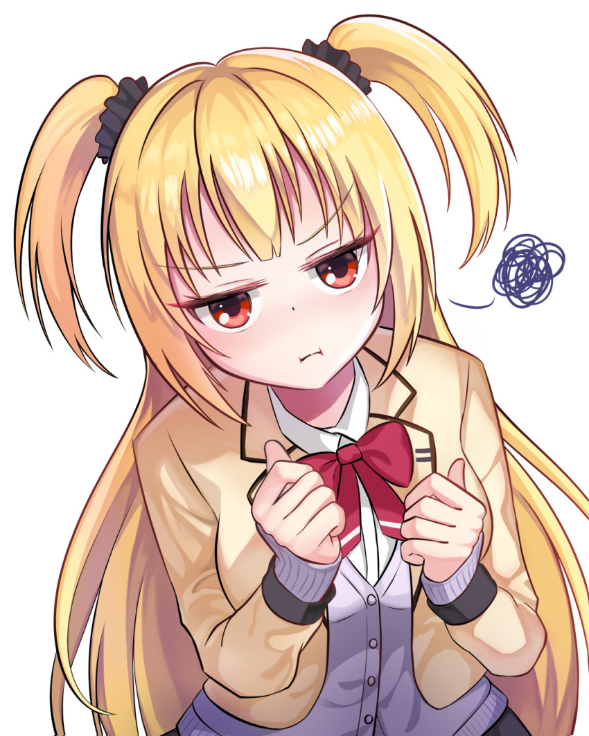 1girl :i arihara_nanami bilingual_commentary black_scrunchie blonde_hair blunt_bangs blush bow bowtie cardigan clenched_hands closed_mouth collared_shirt commentary cowboy_shot dutch_angle hair_between_eyes hair_ornament hair_scrunchie hands_up highres jacket jitome kikka_academy_school_uniform long_hair long_sleeves looking_at_viewer mixed-language_commentary open_clothes open_jacket oyasumeal pout purple_cardigan red_bow red_bowtie red_eyes riddle_joker school_uniform scrunchie shirt sidelocks simple_background sleeves_past_wrists solo squiggle straight_hair two_side_up upper_body v-shaped_eyebrows very_long_hair white_background white_shirt yellow_jacket