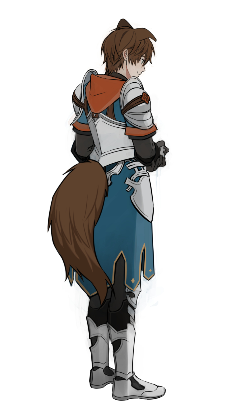 1boy alter_(mabinogi) animal_ears armor black_gloves black_pants blue_tabard breastplate brown_hair closed_mouth dog_boy dog_ears dog_tail faulds folded_ear from_behind full_body gloves greaves hair_behind_ear highres hood hood_down hoodie kemonomimi_mode layered_sleeves long_sleeves looking_down mabinogi male_focus pants parted_bangs pauldrons ray_(lthenray) red_hood short_hair short_over_long_sleeves short_sleeves shoulder_armor simple_background smile solo standing tabard tail white_background