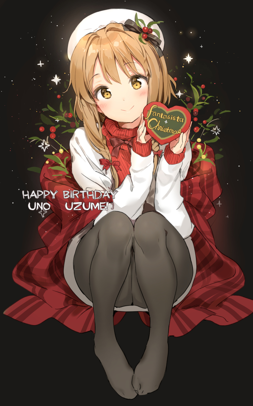 1girl anmi black_pantyhose blanket blush bow brown_eyes brown_hair fantasista_doll feet female_focus hat highres long_hair looking_at_viewer no_shoes pantyhose ribbed_sweater smile solo sweater turtleneck turtleneck_sweater uno_uzume