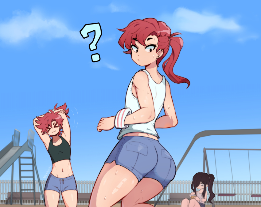 3boys arms_up ass bench black_hair black_tank_top blue_shorts blue_sky cloud cloudy_sky cowboy_shot crop_top ear_piercing highres ichiro_(ms_pigtails) itsuki_(ms_pigtails) long_hair male_focus multiple_boys navel original outdoors piercing playground ponytail red_hair roland_(ms_pigtails) shorts sky sky_guy_art slide solo_focus swing_set tank_top trap white_tank_top