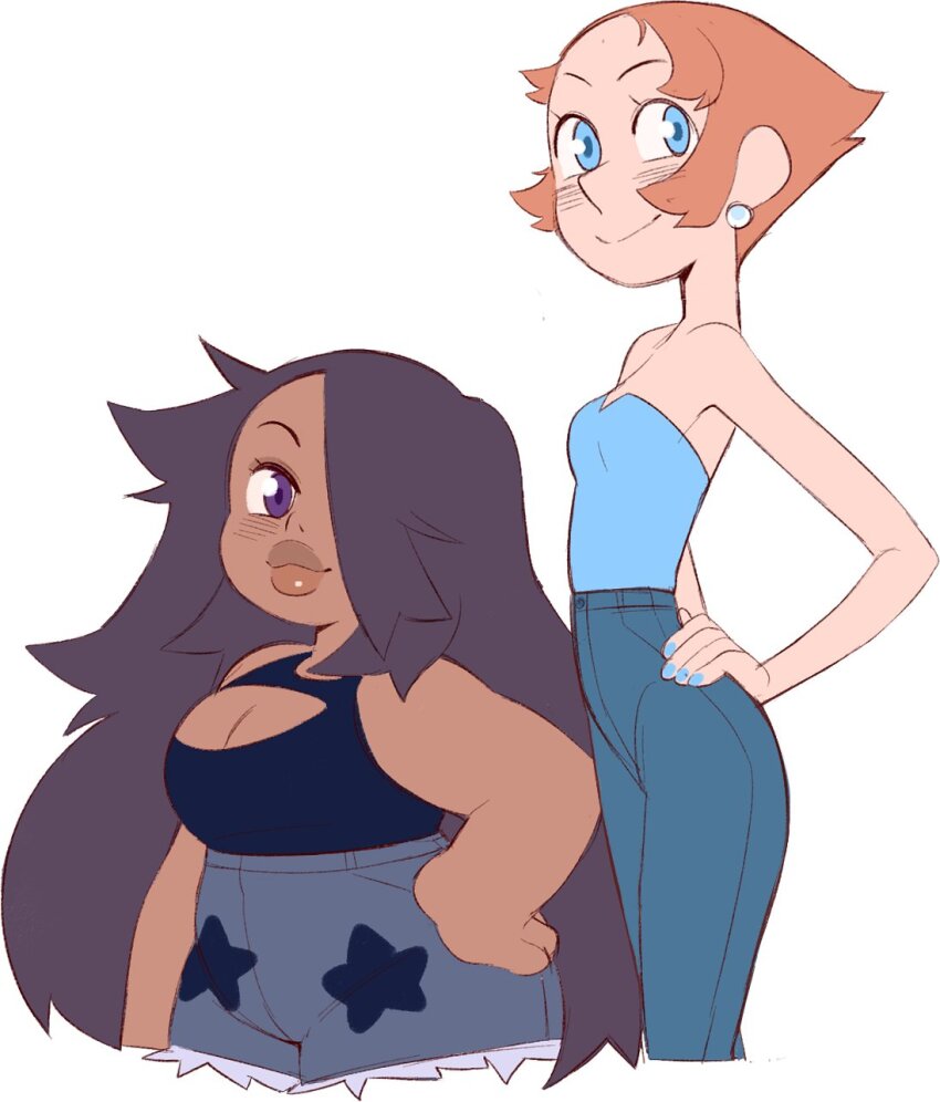 2girls amethyst_(steven_universe) black_hair black_shirt blue_eyes blue_pants blue_shirt blush breasts brown_hair cartoon_network cleavage cleavage_cutout clothing_cutout denim earrings grey_shorts hair_over_one_eye hand_on_own_hip highres humanization jeans jewelry large_breasts long_hair looking_at_viewer multiple_girls nail_polish pants pearl_(steven_universe) pearl_earrings print_shorts purple_eyes red_hair shirt short_hair shorts shortstack small_breasts smile star_(symbol) star_print steven_universe strapless tank_top thatonegummy tube_top white_background