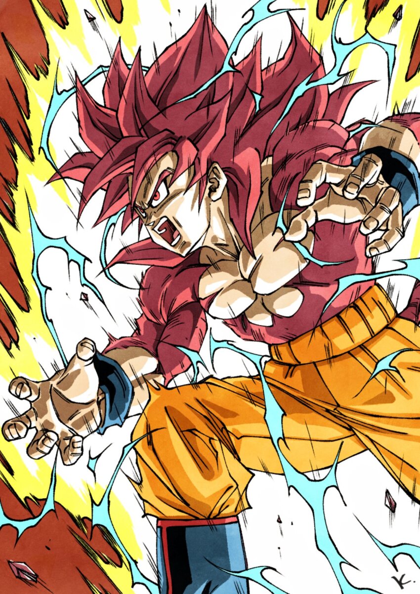 1boy aura blue_boots boots dragon_ball dragon_ball_daima electricity highres kakeru_(dbskakeru) long_hair male_focus muscular muscular_male open_mouth orange_pants pants powering_up red_eyes red_fur red_hair simple_background solo son_goku spiked_hair topless_male