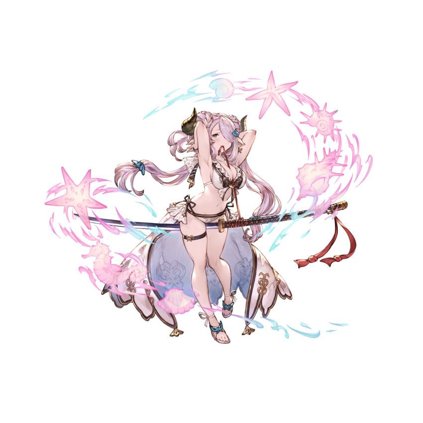 1girl arms_behind_head arms_up between_breasts between_legs bikini blue_eyes breasts conch draph earrings fish front-tie_bikini_top front-tie_top full_body granblue_fantasy hair_between_eyes hair_ornament hair_over_one_eye hands_in_hair horns jewelry katana large_breasts long_hair low-tied_long_hair mouth_hold nagamaki narmaya_(granblue_fantasy) narmaya_(summer)_(granblue_fantasy) official_alternate_costume official_art pointy_ears polearm purple_hair sandals seahorse shell showgirl_skirt side-tie_bikini_bottom skindentation solo starfish swimsuit sword thigh_strap transparent_background walking weapon white_bikini