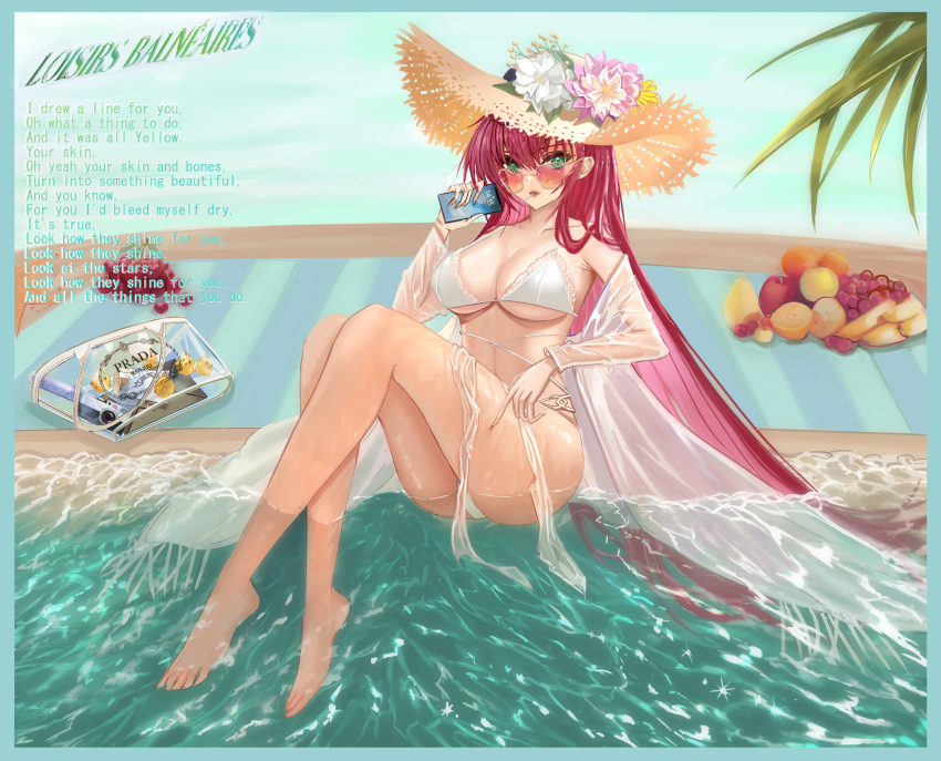 1girl ass azur_lane banana bikini breasts cellphone chinese_commentary cleavage diaoao_bugaoxing english_text flower food fruit full_body grapes green_eyes hair_between_eyes hat hat_flower highres holding holding_phone long_hair looking_at_viewer looking_over_eyewear manjuu_(azur_lane) official_alternate_costume orange-tinted_eyewear orange_(fruit) phone pink_flower prada_(brand) red_hair see-through_clothes see-through_sleeves smartphone solo straw_hat sun_hat sunglasses surcouf_(azur_lane) surcouf_(loisirs_balneaires)_(azur_lane) swimsuit tinted_eyewear very_long_hair white_bikini white_flower