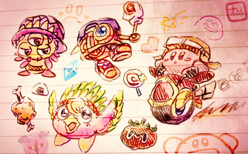 :o baseball_cap beak beanie birdon_(kirby) blue_eyes blue_gemstone blue_hat blush_stickers brown_hat candy character_request commentary_request crystal earflap_beanie food galacta_knight gem gloves goggles goggles_on_headwear gooey_(kirby) hat headdress highres holding invincible_candy kirby kirby_(series) lollipop looking_ahead meat native_american_headdress nintendo no_humans onigiri purple_hat red_footwear riding robobot_armor robot shoes sideways_hat sneakers spider_web_print spread_wings star_(symbol) suyasuyabi swirl_lollipop tomato top_hat wheel_kirby wheelie_(kirby) white_gloves yo-yo