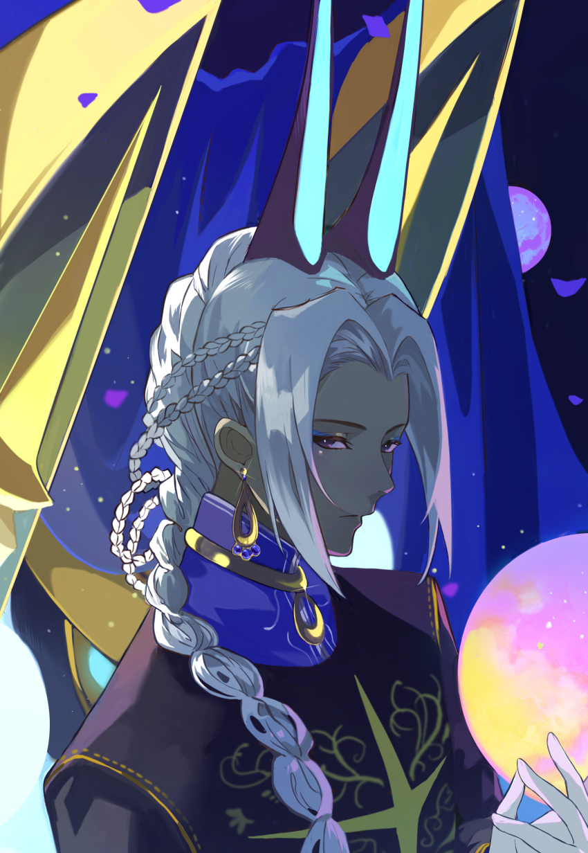 1boy alternate_hairstyle arjuna_(fate) arjuna_alter_(fate) arjuna_alter_(festival_outfit)_(fate) black_eyes blue_eyeshadow braid dark-skinned_male dark_skin earrings eyeshadow fate/grand_order fate_(series) gloves glowing_horns highres horns indian_clothes jewelry long_hair looking_at_viewer makeup male_focus solo upper_body vega00211 white_gloves white_hair